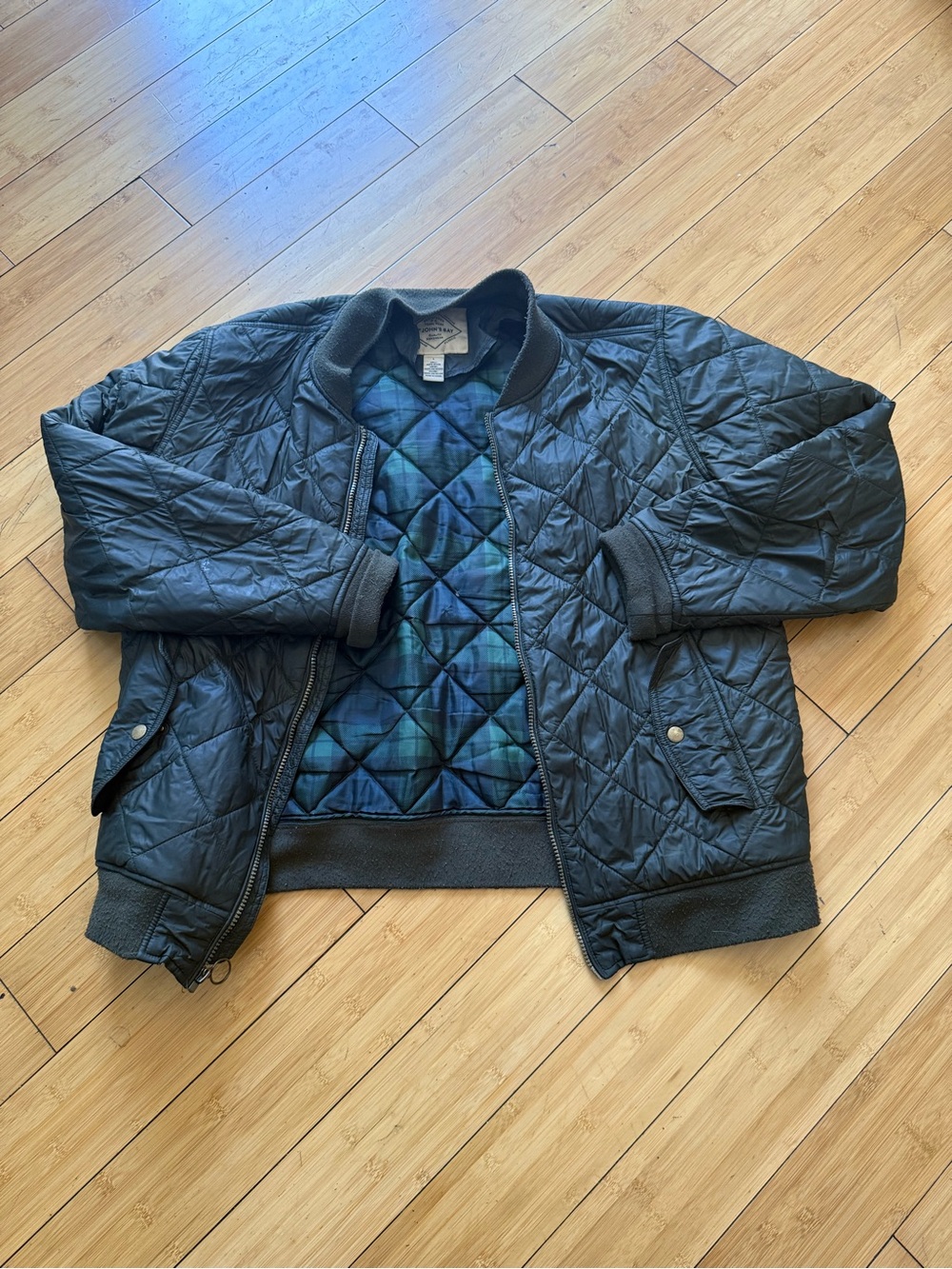 St. John's Bay Quilted Bomber Jacket in Black with Blue Plaid Lining